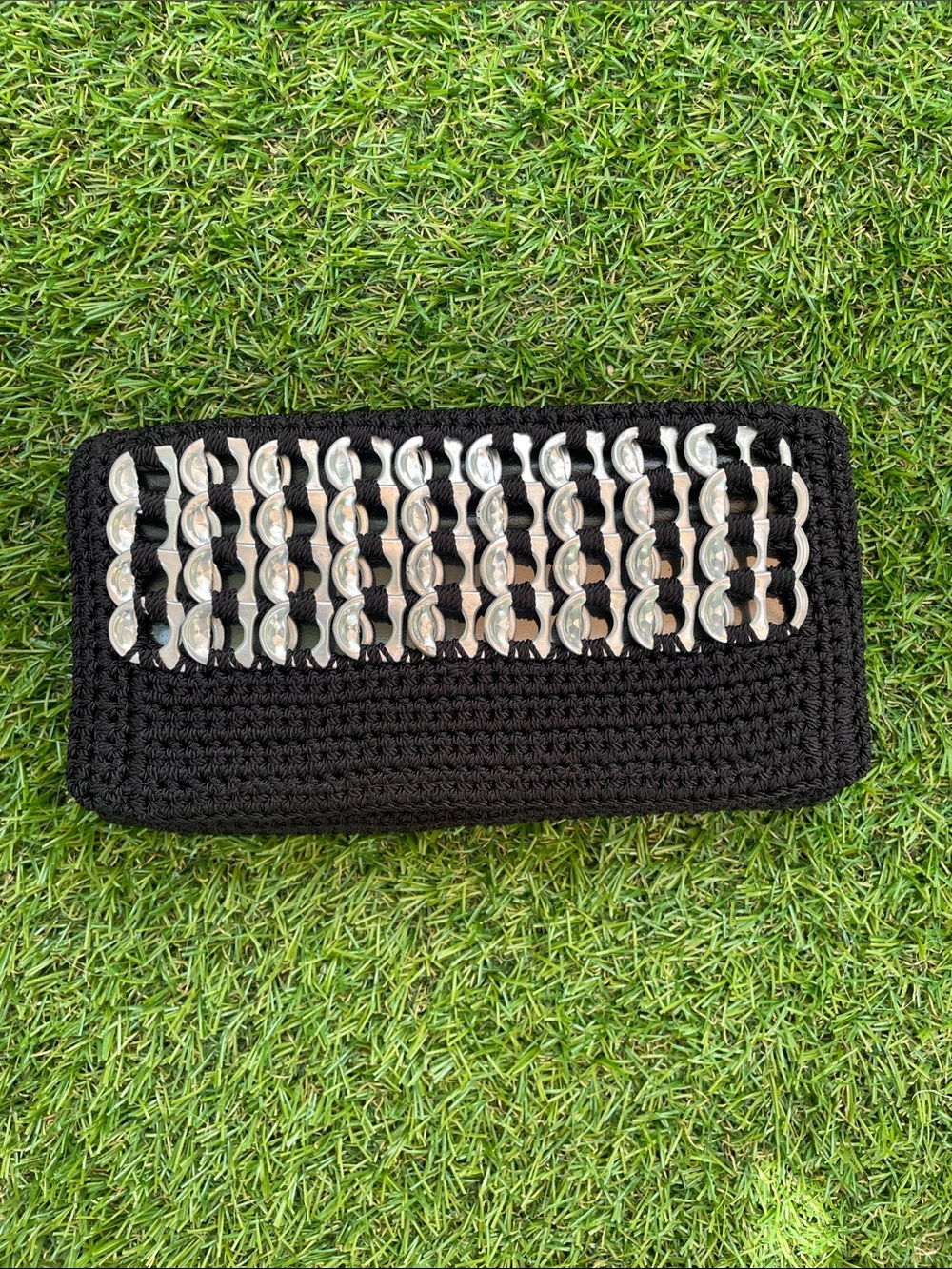 Black Crochet Clutch with Silver Disc Detailing